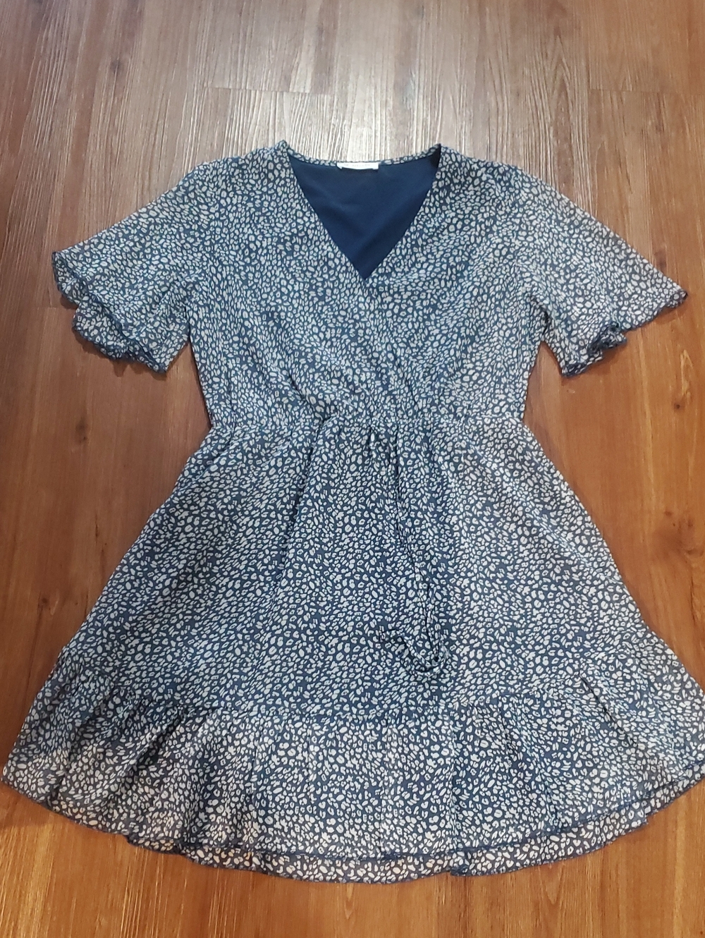 Blue Floral Faux-Wrap Midi Dress with Ruffle Hem